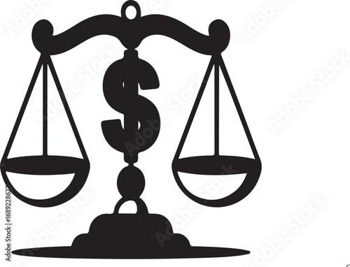 Black silhouette of a balance scale with a dollar sign weighing justice