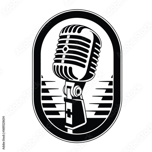 Black and white vector of a vintage microphone inside a retro badge emblem with bold clean lines for music, podcast, and radio themes