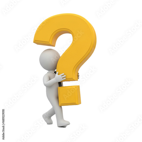 3d faceless cartoon character carrying a huge question mark isolated on white background, symbol of problem solving, doubt, and confusion

