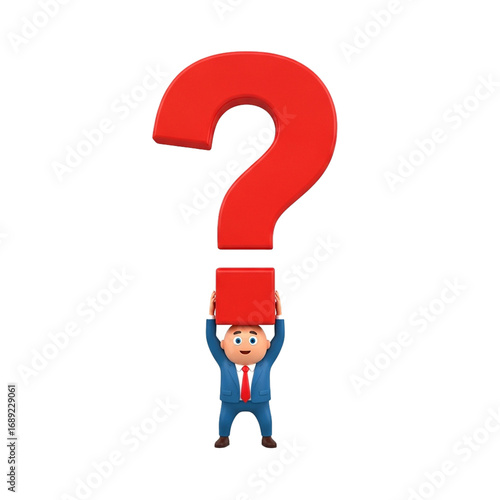 3d faceless cartoon character carrying a huge question mark isolated on white background, symbol of problem solving, doubt, and confusion
