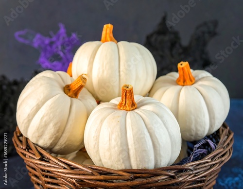 White pumpkins in a wicker basket on a dark background