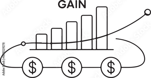 Upward trending bar chart with dollar coins and word gain business finance