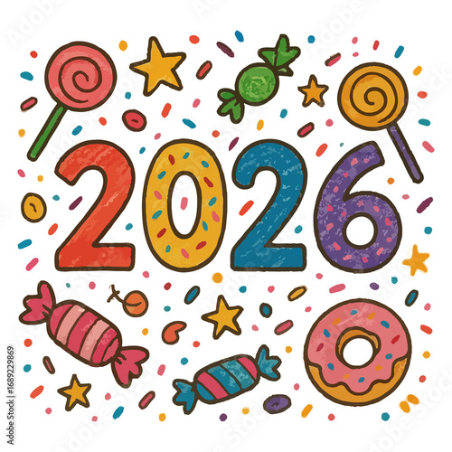 2026 Typography Illustration with Candy and Donuts in Playful Hand Drawn Doodle Style