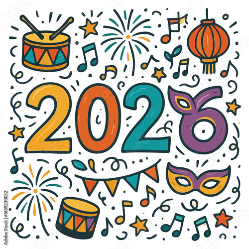 2026 Typography Illustration with Drums and Lanterns in Playful Hand Drawn Doodle Style