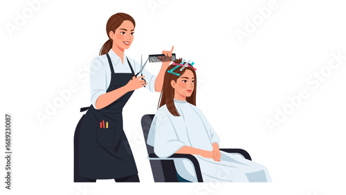 Professional hairstylist carefully cuts and styles a client s long brown hair in a salon setting