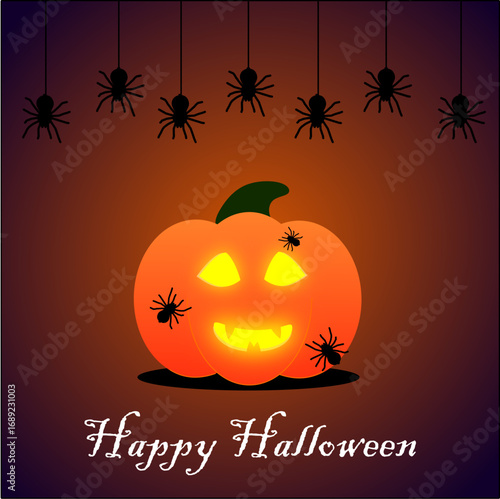 Halloween background with pumpkin, spiders and inscription "Happy Halloween"