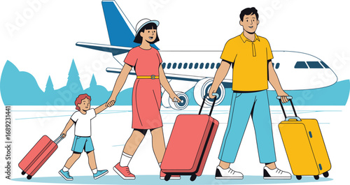 Family Traveling by Airplane with Luggage