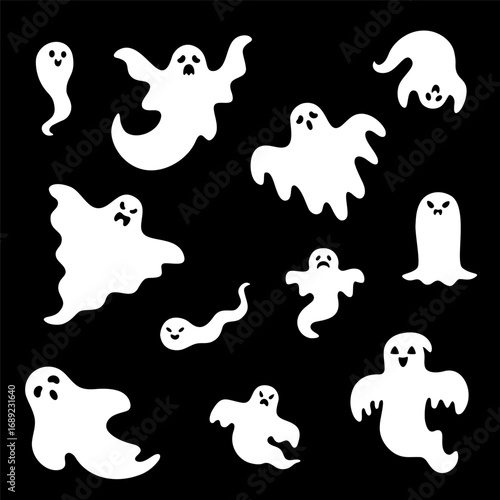 Spooky White Ghost Shapes on Black Background