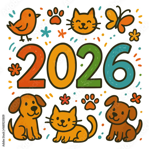 Pets 2026 Illustration - Cute Animal Calendar & New Year Art