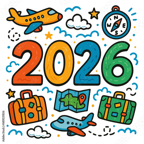 2026 Typography Illustration with Airplanes and Suitcases in Playful Hand Drawn Doodle Style