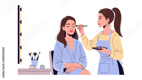 Professional makeup artist applying cosmetics to a client s face in a well lit beauty studio setting