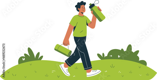Person walking with water bottle and yoga mat in nature