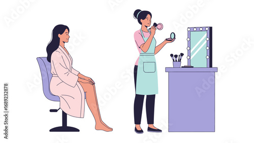 Professional makeup artist applying cosmetics to a seated client in a beauty salon setting with a mirror