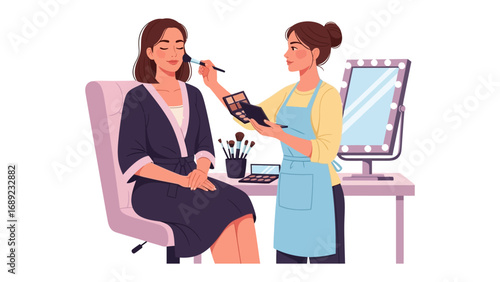 Professional makeup artist applying cosmetics to a smiling woman in a salon setting