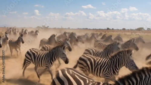 A zebra herd running across dusty plains