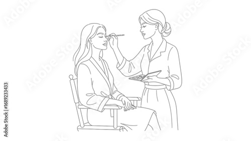 Artistic sketch captures a makeup artist applying cosmetics to a seated client with a brush