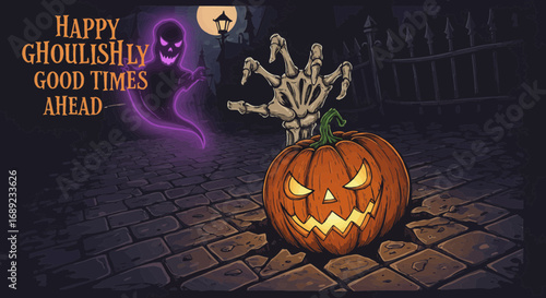 Spooky Jack-o'-lantern illustration with a ghostly phantom and skeletal hand for a creepy All Hallows' Eve celebration