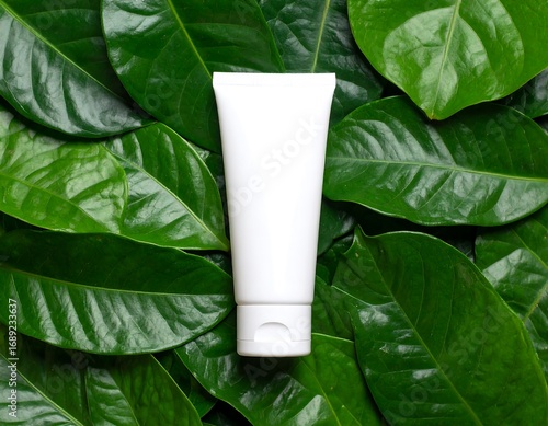 White tube of cream surrounded by lush green leaves