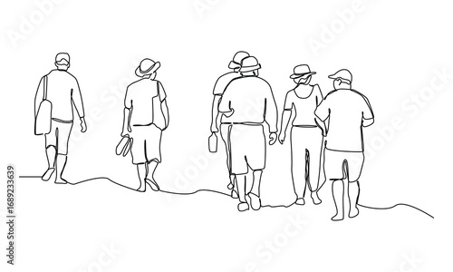 Continuous one line art of a group of people to travel walking.
