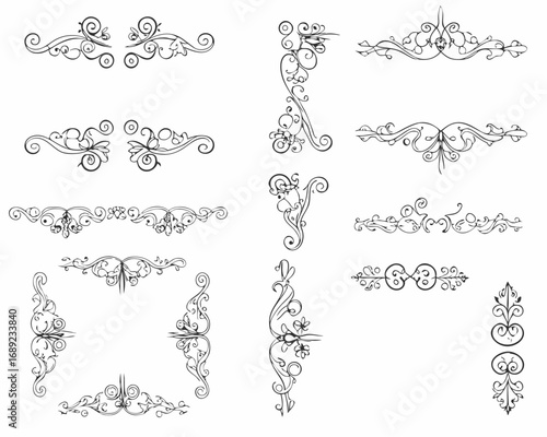 Collection of elegant black decorative floral ornaments and dividers