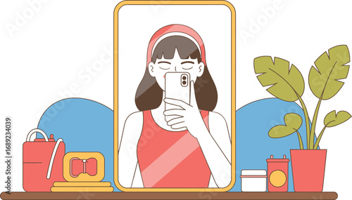 Woman taking a selfie in a mirror with makeup and plant