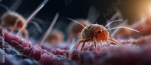 Microscopic dust mite crawling on human skin, closeup view of allergen causing allergies and asthma Concept of dermatology, hygiene, and health