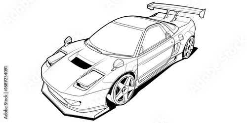 Vector coloring page illustration of a high-speed car. Black contour line art, isolated on a white background. Clean stroke outline without fill, perfect for books, drawing activities