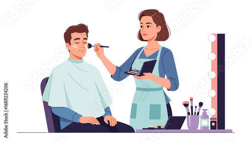 Professional makeup artist applying cosmetics to a male client in a studio setting