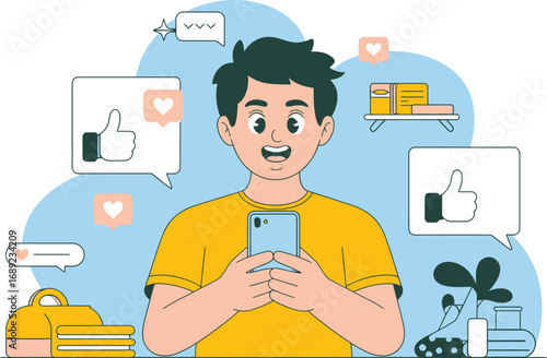 Young man engrossed in his smartphone, surrounded by social media icons