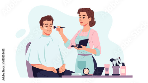 Professional makeup artist applying foundation to a male client in a salon setting with beauty tools