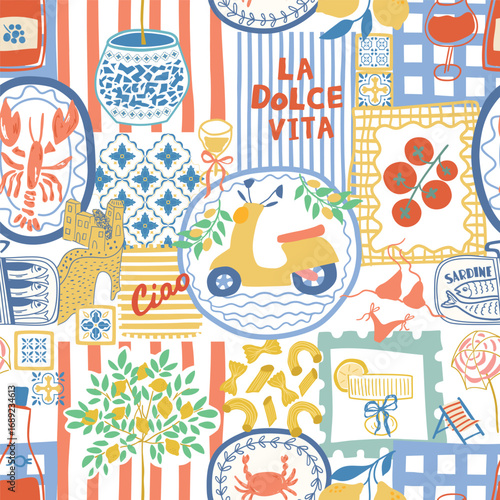 Mediterranean summer collage seamless pattern. Cute Italian vacation mosaic wallpaper, dolce vita print. Coastal food, lobster, sardine, lemon, ceramic tile. Vector patchwork background textile design