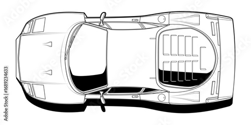 Dynamic black and white vector illustration of a sports car, embodying speed, power, and adrenaline. Perfect for automotive themes and racing enthusiasts. Capture the essence of speed in your design.