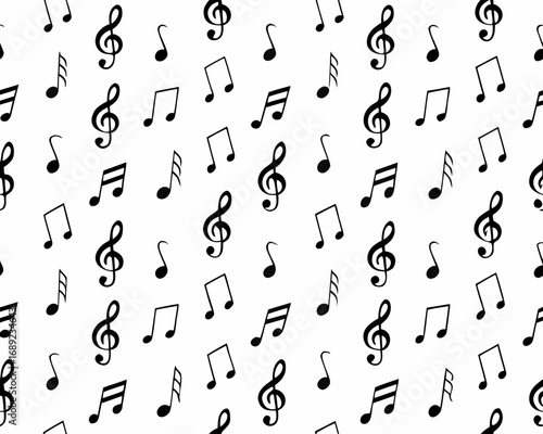 Seamless pattern of black musical notes and treble clefs on a white background