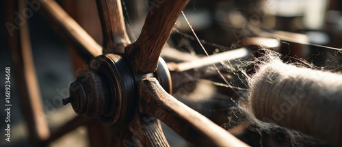 Antique wooden spinning wheel with wool, showcasing traditional textile craft and vintage weaving equipment in a rustic setting Concept of heritage, craftsmanship, and history
