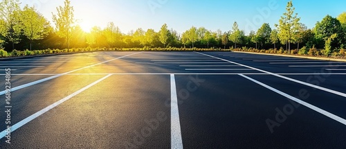 Pristine Asphalt Parking Lot Bathed in Golden Sunrise Light