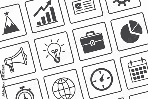 Business and Finance Icons Arranged in Grid on White Background graph chart