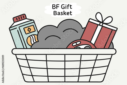Cartoon gift basket filled with various items for a boyfriend present