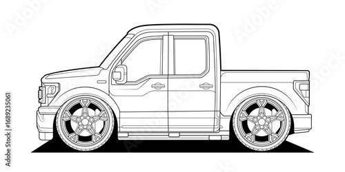 Truck vehicle.  Cartoon coloring page for book and drawing. Funny vector illustration. Graphic element. Car wheel. Black contour sketch illustrate Isolated on white background.