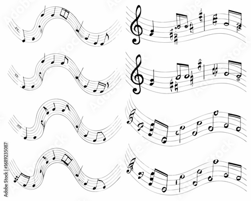 Collection of wavy musical staffs with notes and treble clefs