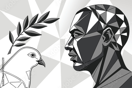 Geometric Portrait Of A Man With A Dove And Olive Branch face profile