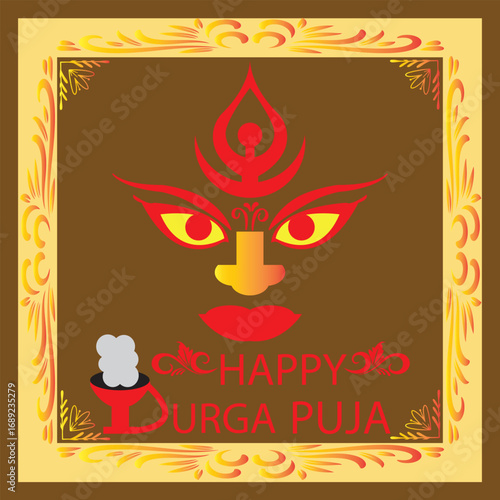 Happy Durga Puja festival greeting card design.Bright red festive greeting card with Goddess Durga face illustration, golden border decoration, and text wishing Happy Durga Puja celebration.

