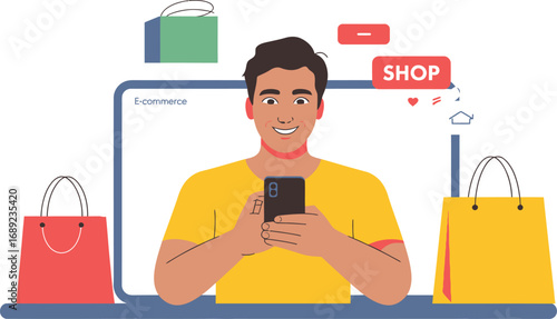 Man Shopping Online with Phone and Bags