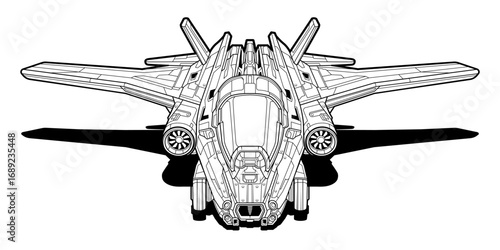Futuristic jet fighter illustration, sleek aerodynamic design. Concept aircraft, advanced technology with detailed mechanical elements, sci-fi projects, aviation concepts. Isolated on white background