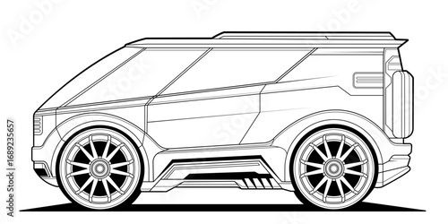 Futuristic concept car line art illustration, sleek angular design with large wheels, side profile, ideal for coloring, automotive enthusiasts, digital art enthusiasts. Isolated on white background