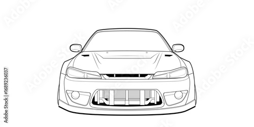 Vector coloring page illustration of a high-speed car. Black contour line art, isolated on a white background. Clean stroke outline without fill, perfect for books, drawing activities