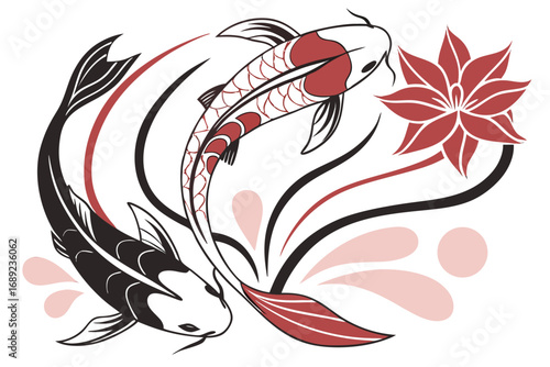 Two Koi Fish Swimming with Red Lotus Flower and Abstract Swirls carp aquatic