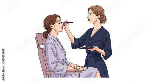 Artist applies makeup to a woman sitting in a chair preparing for a special occasion or photoshoot