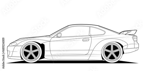 Vector coloring page illustration of a high-speed car. Black contour line art, isolated on a white background. Clean stroke outline without fill, perfect for books, drawing activities
