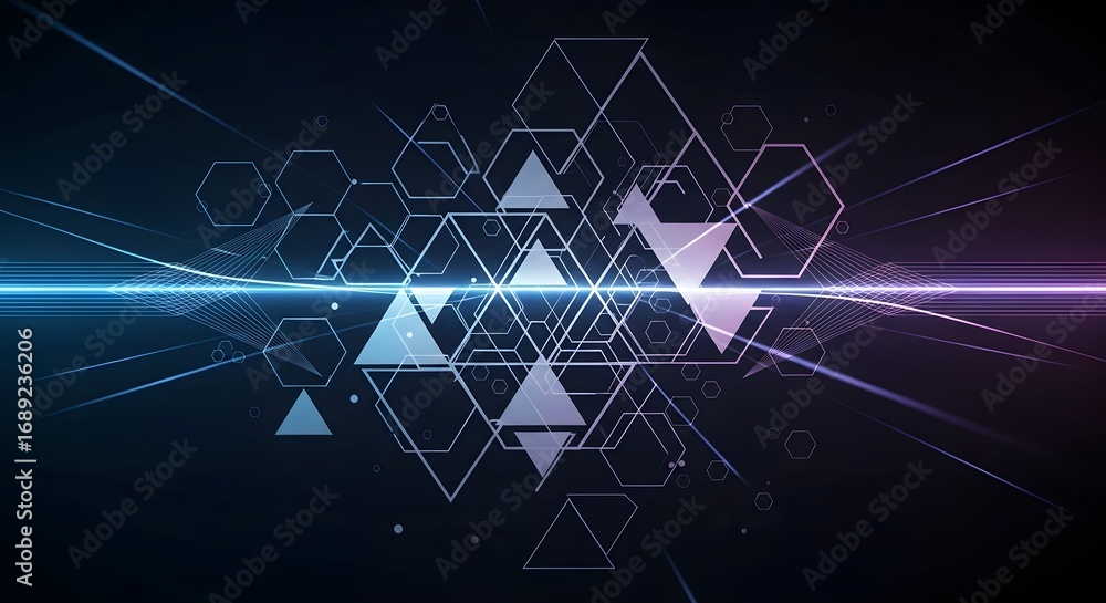 Obraz premium Abstract geometric shapes and light streaks on dark background.