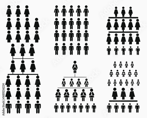 Collection of family tree and organization charts with stick figures